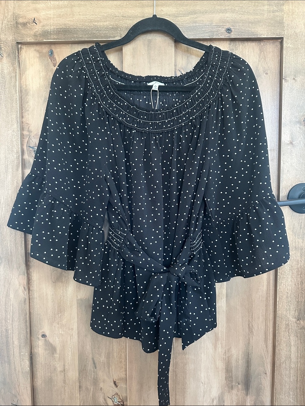 Max Studio NWT Black Polka Dot Smocked Neck Tie-Waist Blouse